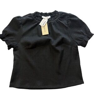 Monteau Los Angeles Black Textured Plisse Ruffle Neck Puff Sleeve Blouse Small